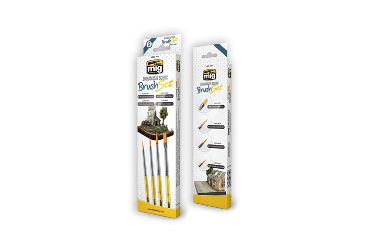 Ammo AMIG7601 Dioramas And Scenic Brush Set contains 4 model makers brushes